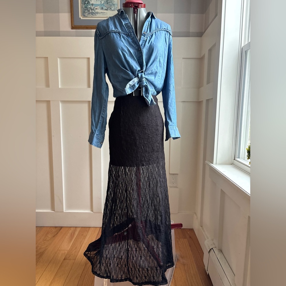 Black Lace Maxi Skirt - Elegant Sheer Panel
